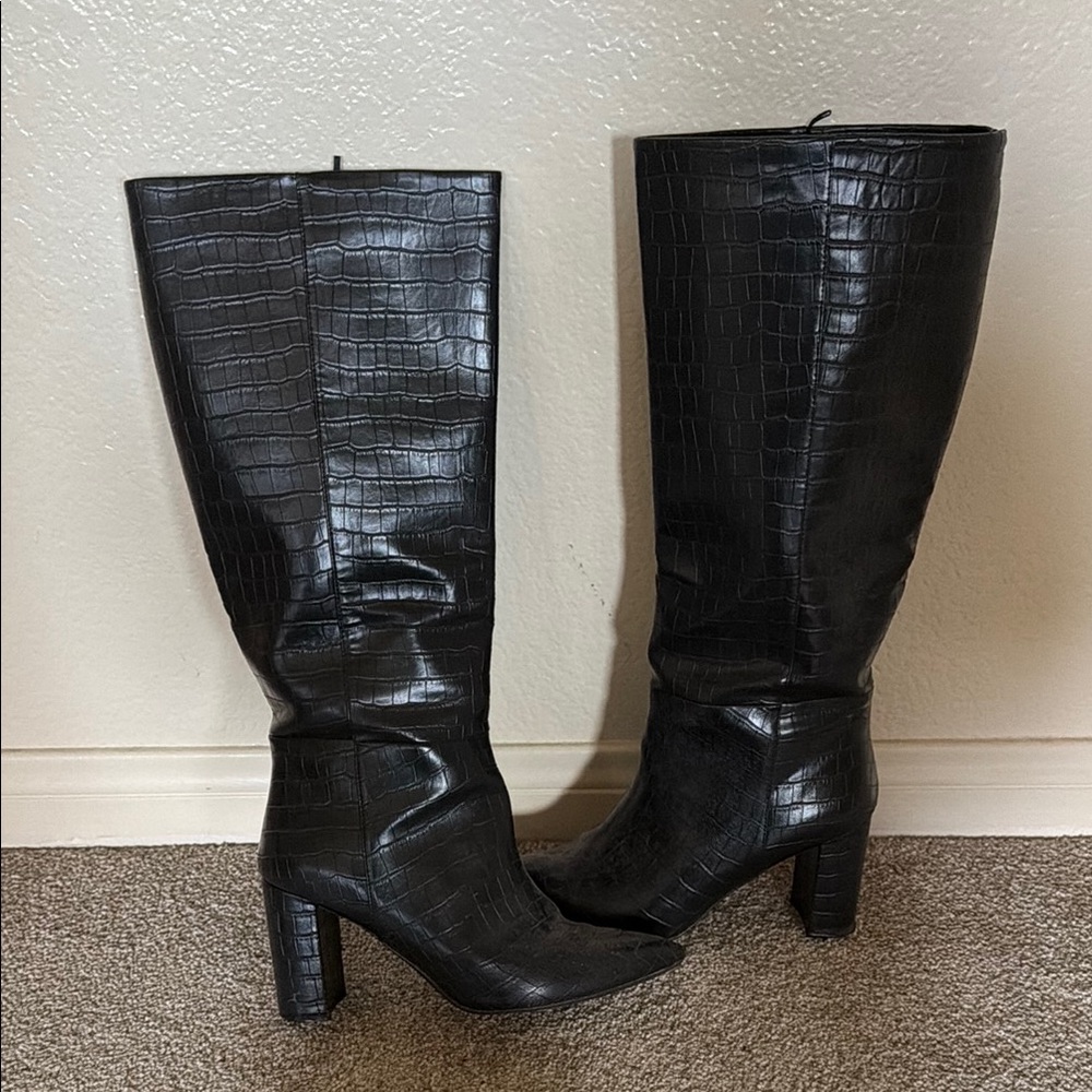 Black Croc-Embossed Knee-High Boots